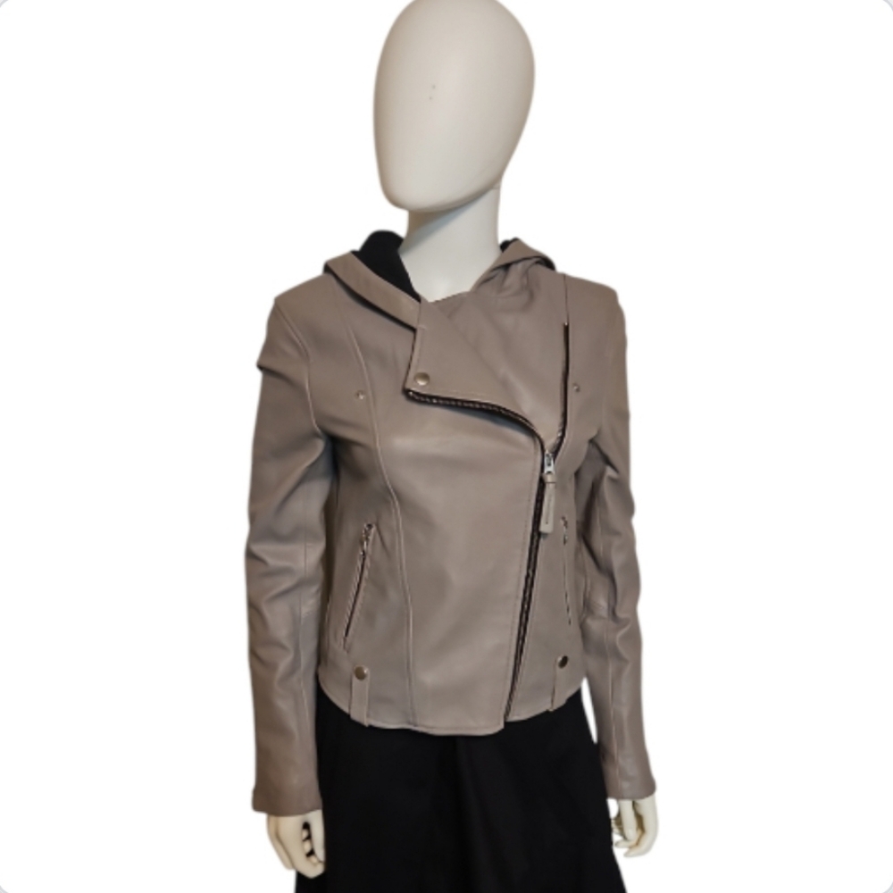 MACKAGE | Gray Lambskin Asymmetrical Zip Hooded Moto Leather Jacket XS